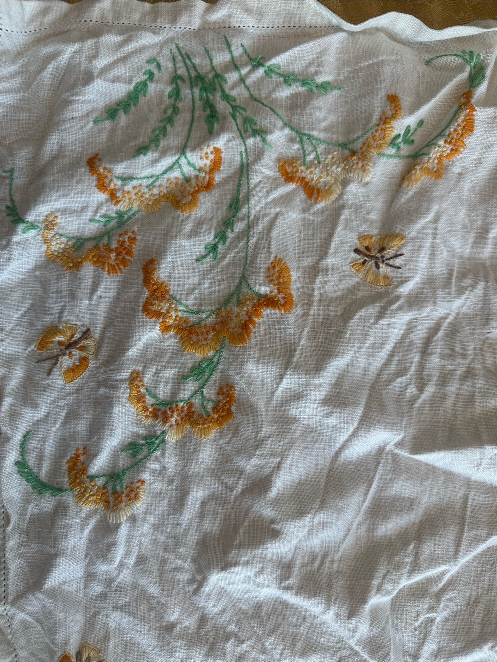 White Embroidered Floral Linen Table Runner Pair- Yellow & Green Detail